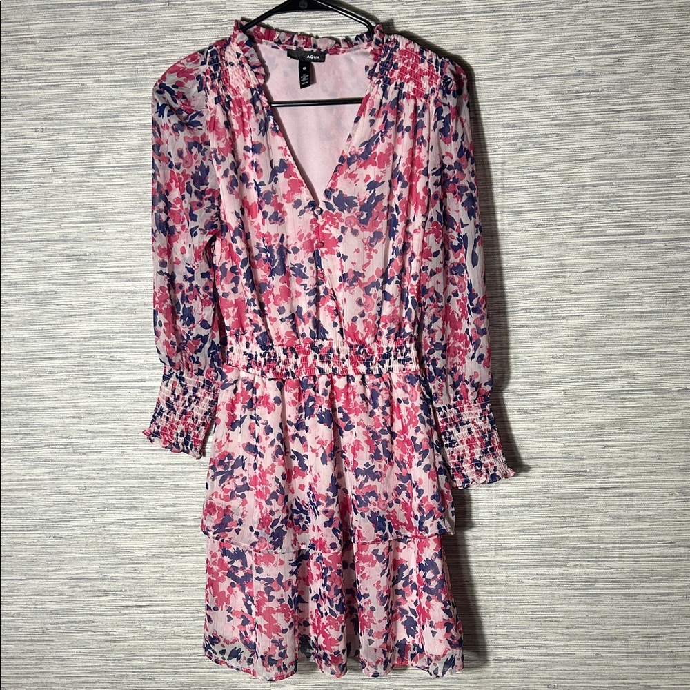 Aqua Pink & Blue Floral Long Sleeve Dress Size S (150)